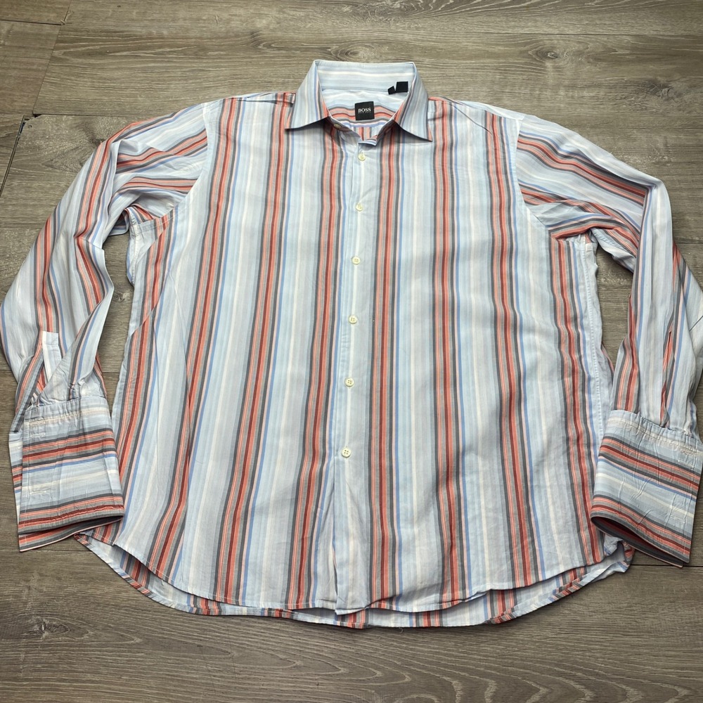 BOSS Hugo Boss Shirt Mens XXL Blue Orange Striped Long Sleeve French Cuff Cotton